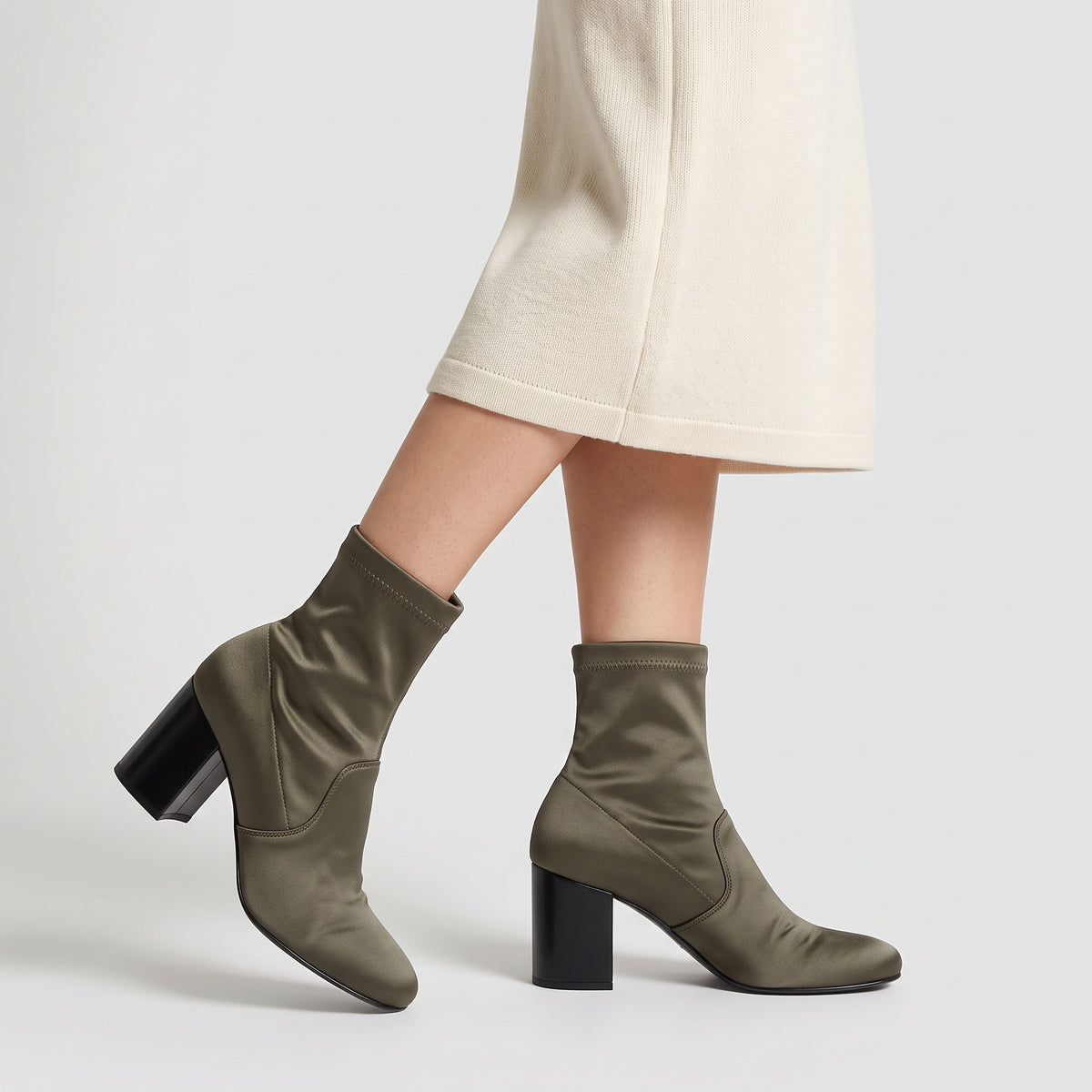 Satin Stretch Block Heel Boots