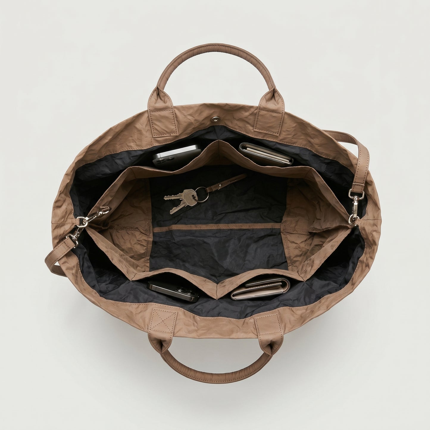 Brown Crinkled Nylon Tote Bag