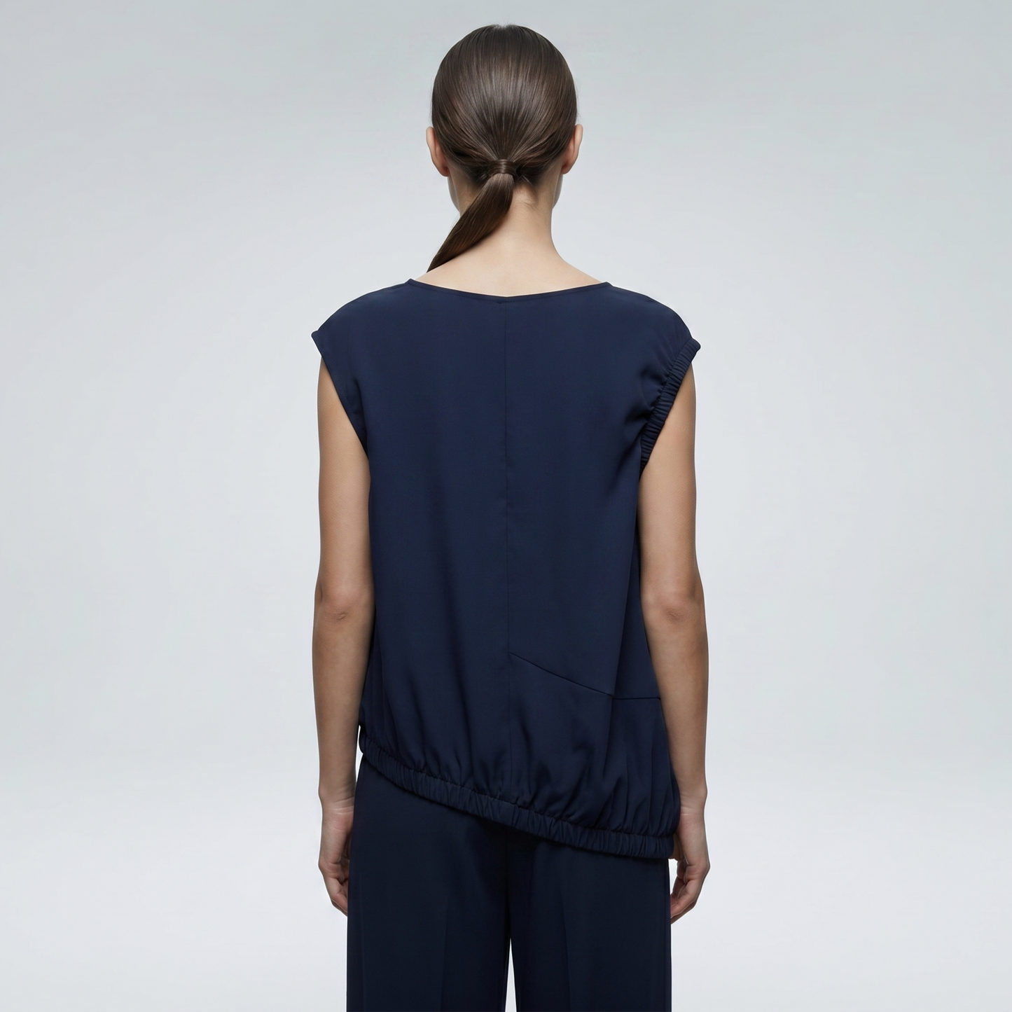 Asymmetric Navy Gathered Shell Top