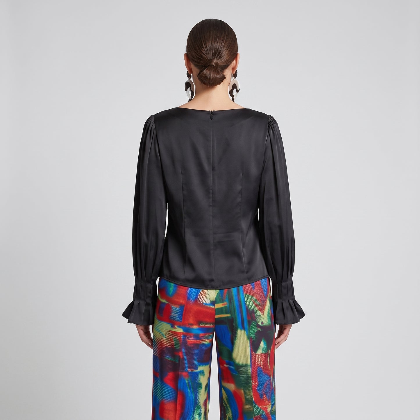 Draped Black Satin Blouse