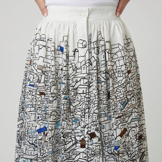 Mediterranean Village Print Midi Skirt