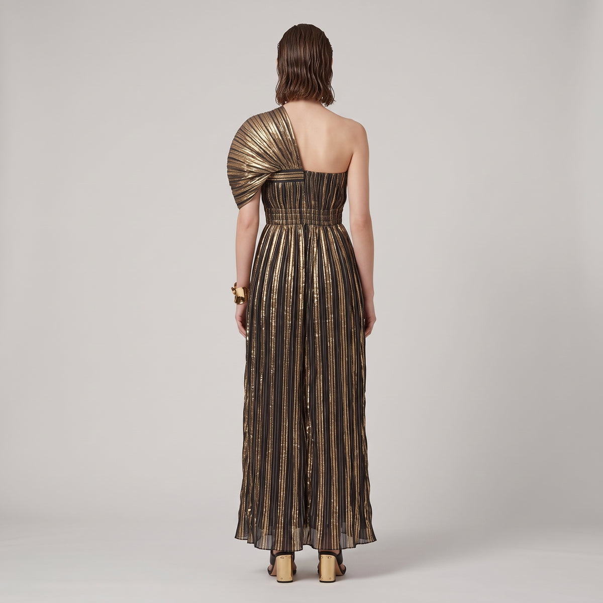 Metallic Pleated One-Shoulder Dress