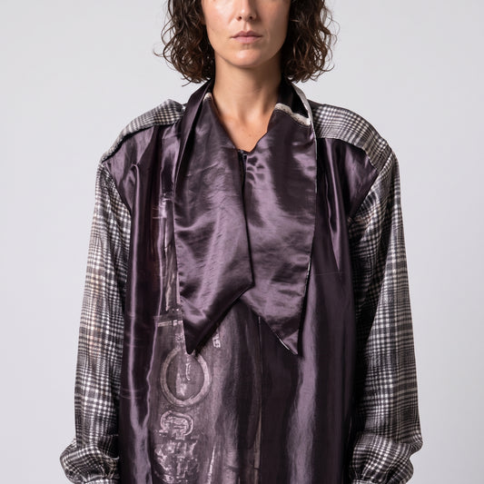 Plaid Panel Silk Tie Blouse
