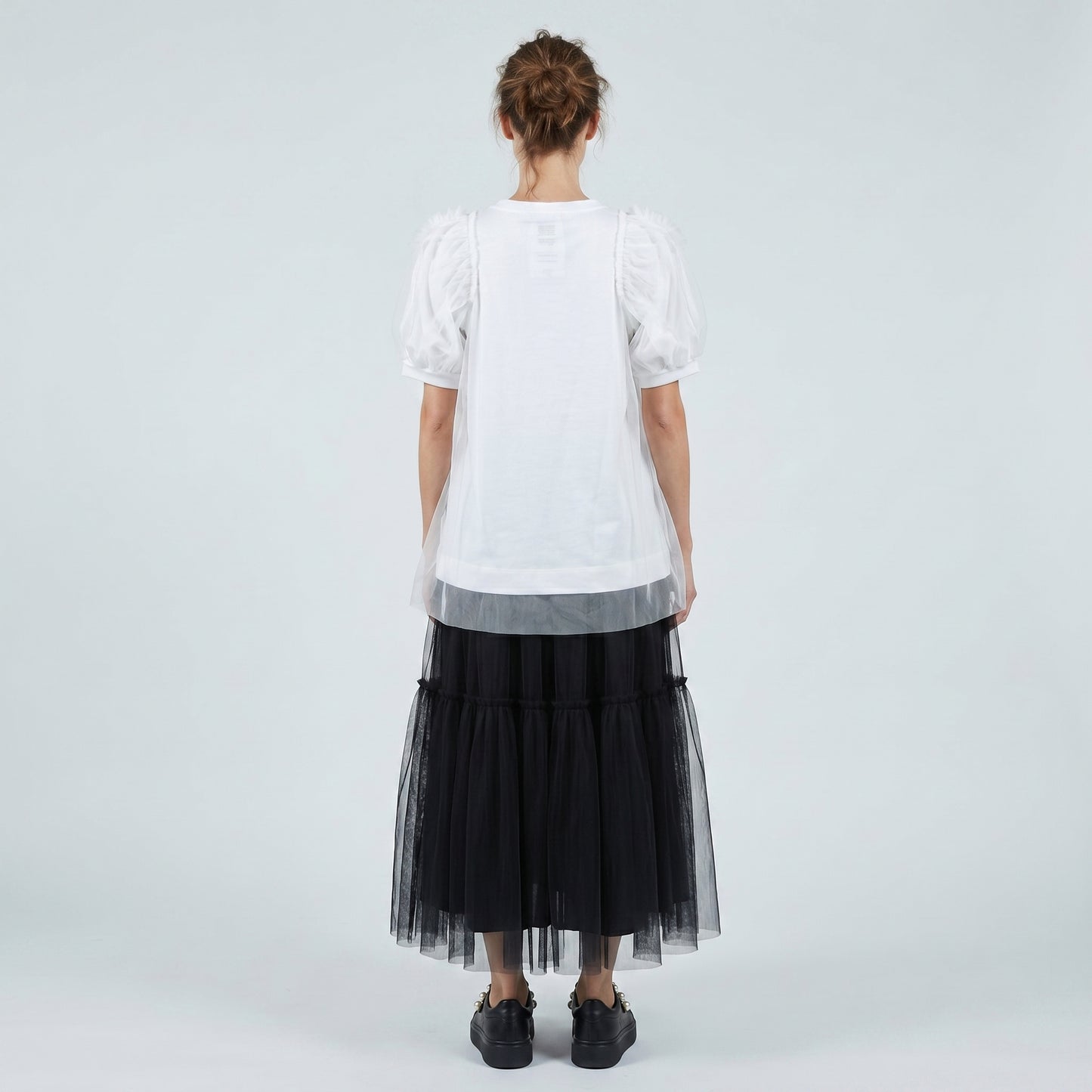 Tulle Overlay Puff Sleeve Top