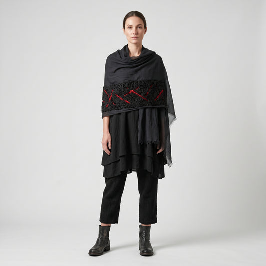 Embroidered Grey Raw Edge Scarf