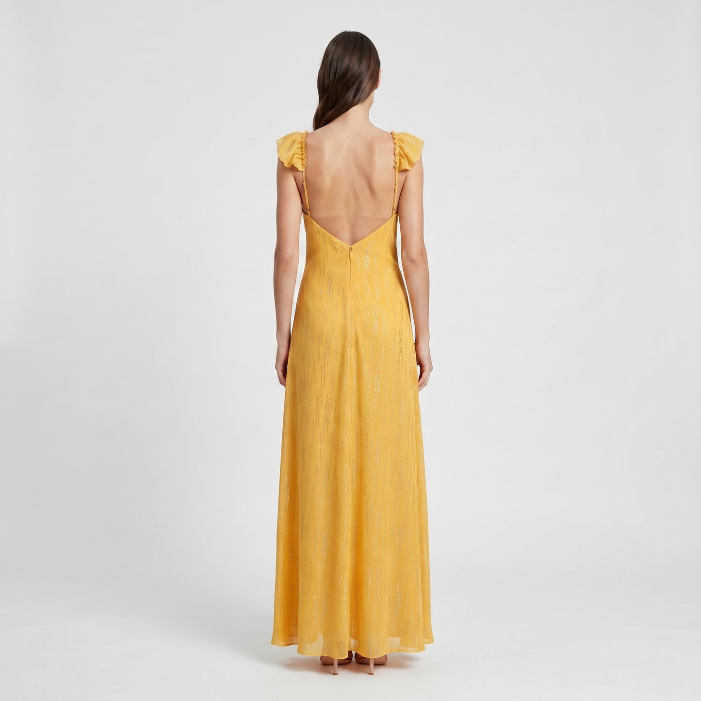 Metallic Ruffle Strap Maxi Dress