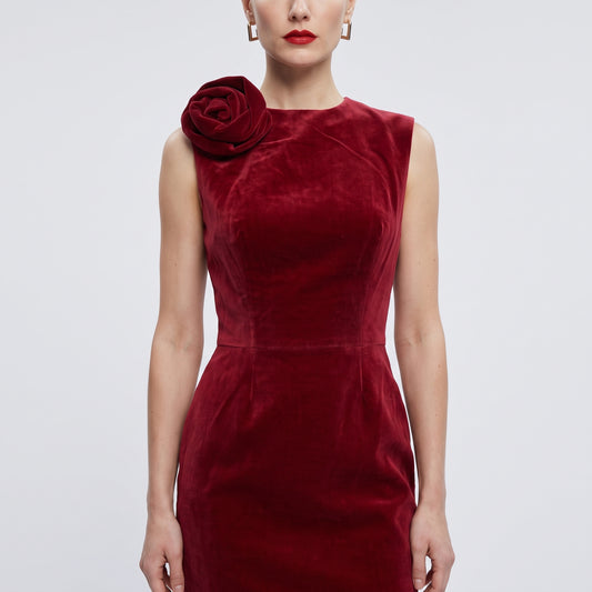 Sleeveless Velvet Rose Detail Dress