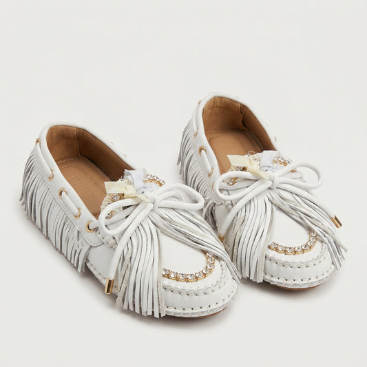 Embellished Fringed Leather Loafers