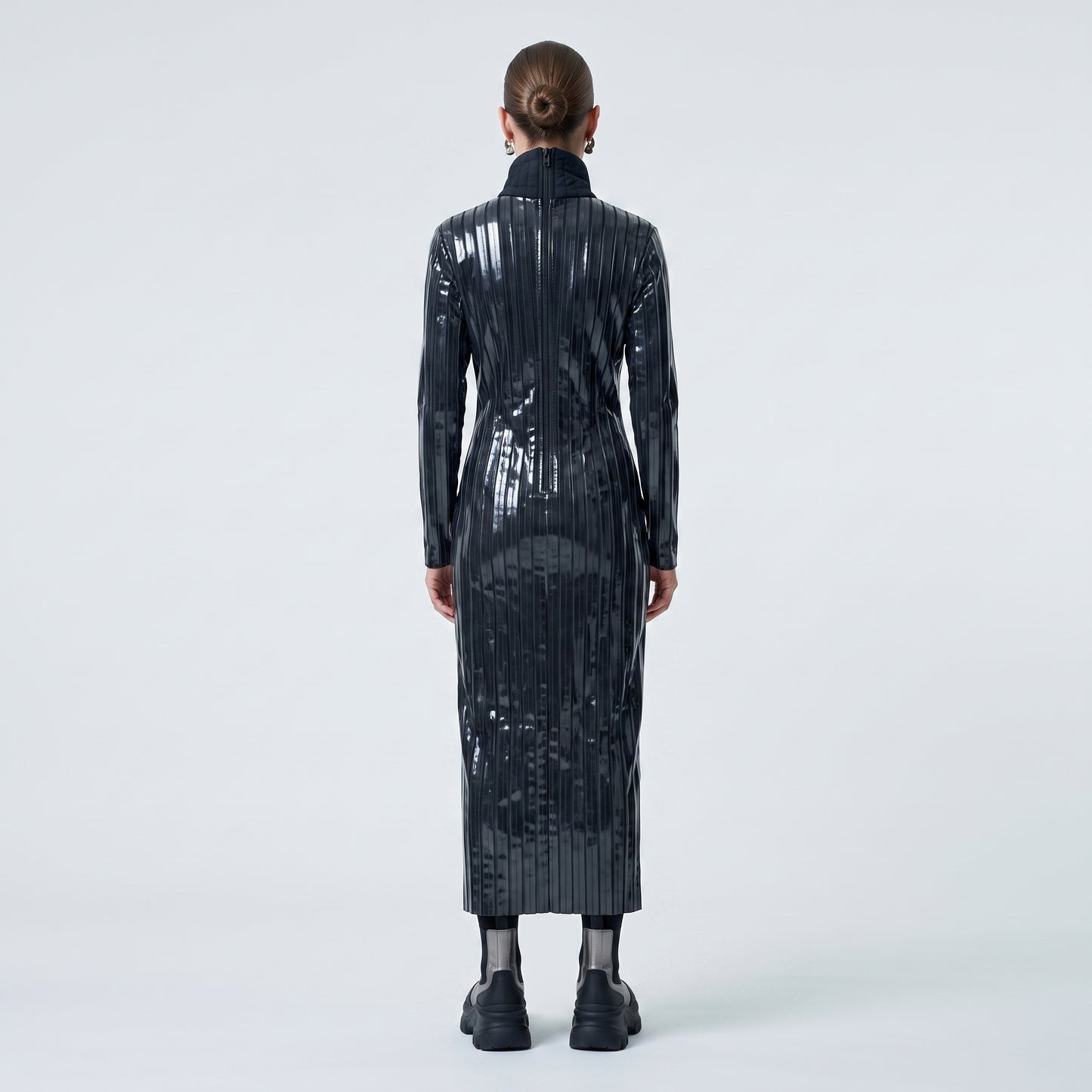 Glossy Pleated Turtleneck Midi Dress