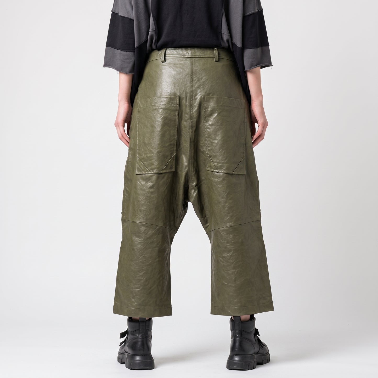 Olive Green Leather Cargo Trousers