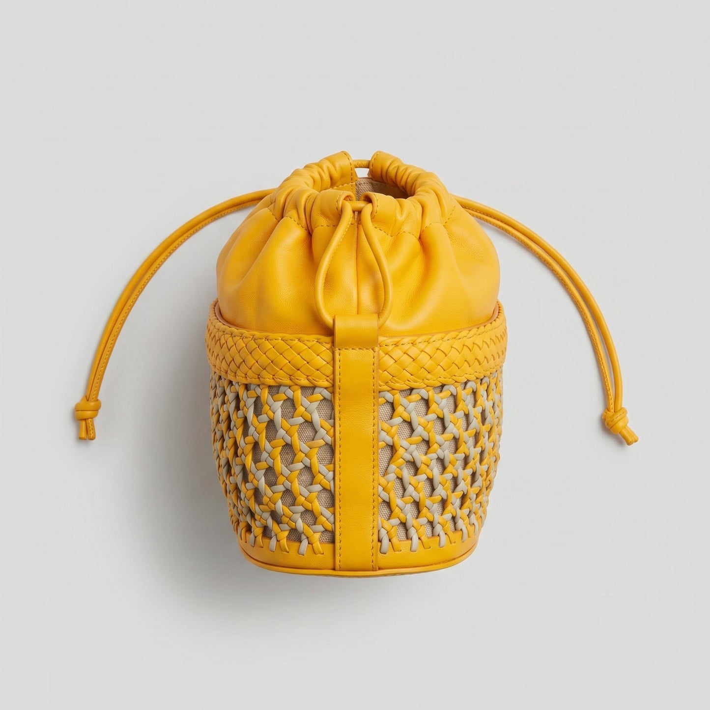 Woven Leather Drawstring Bucket Bag