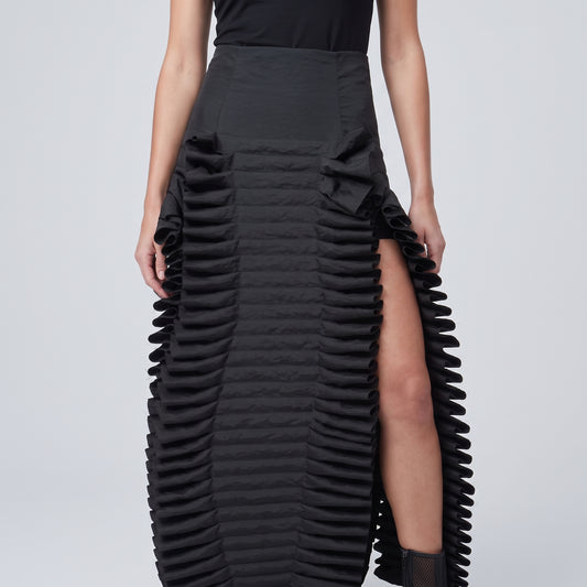 Ruffled High-Waisted Black Midi Skirt