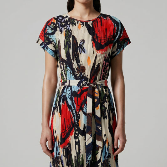 Abstract Floral Pleated Midi Dress