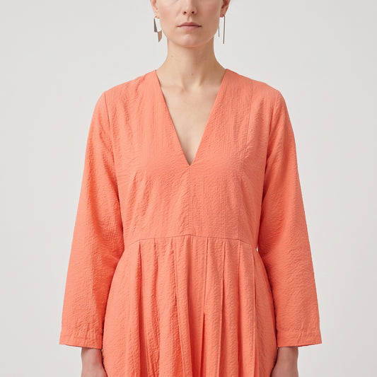 Pleated V-Neck Coral Dress