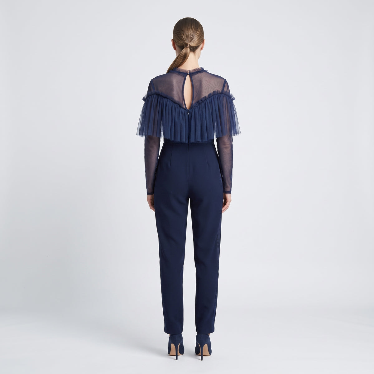 Navy Ruffled Tulle Panel Jumpsuit