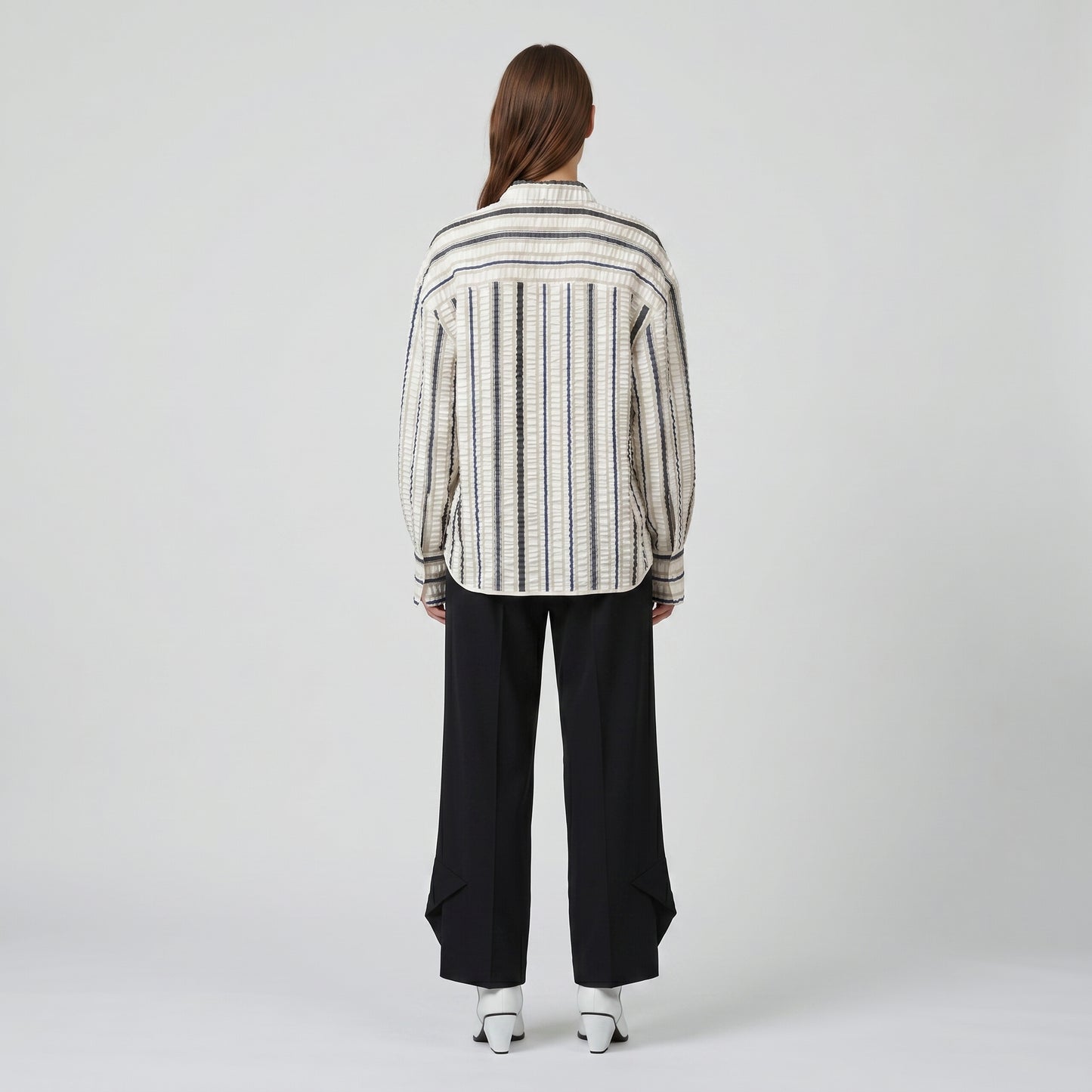 Striped Puckered Button-Down Shirt