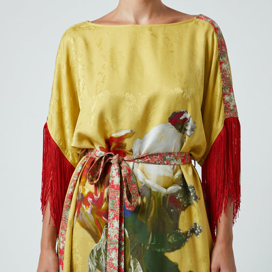 Fringe Trimmed Floral Kimono Dress