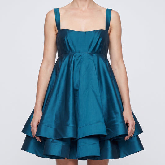 Teal Satin Tiered Mini Dress