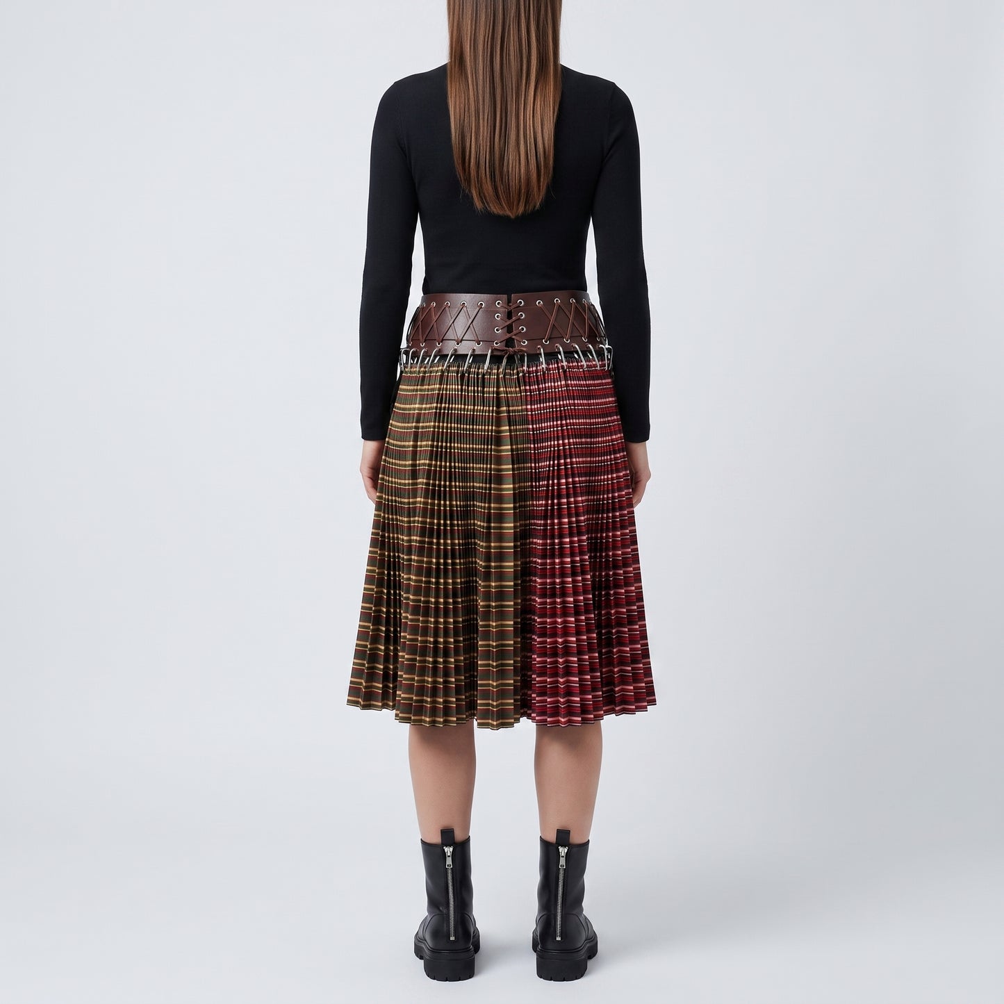 Paneled Tartan Pleated Midi Skirt