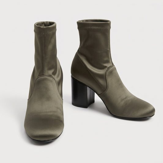 Satin Stretch Block Heel Boots