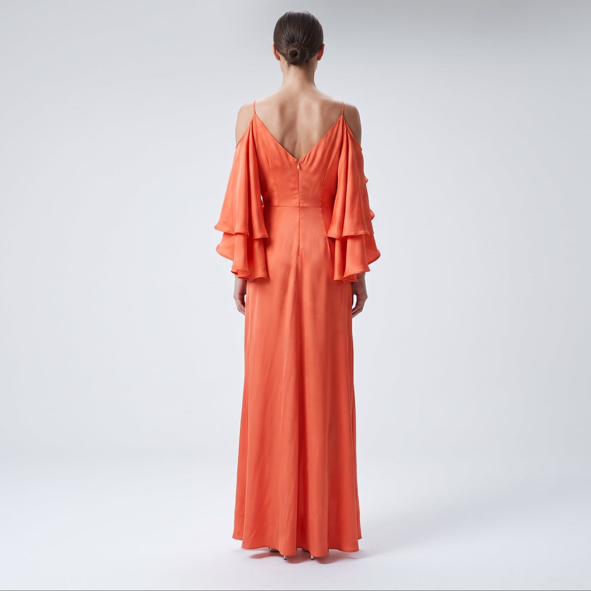 Ruffled Cold Shoulder Silk Dress