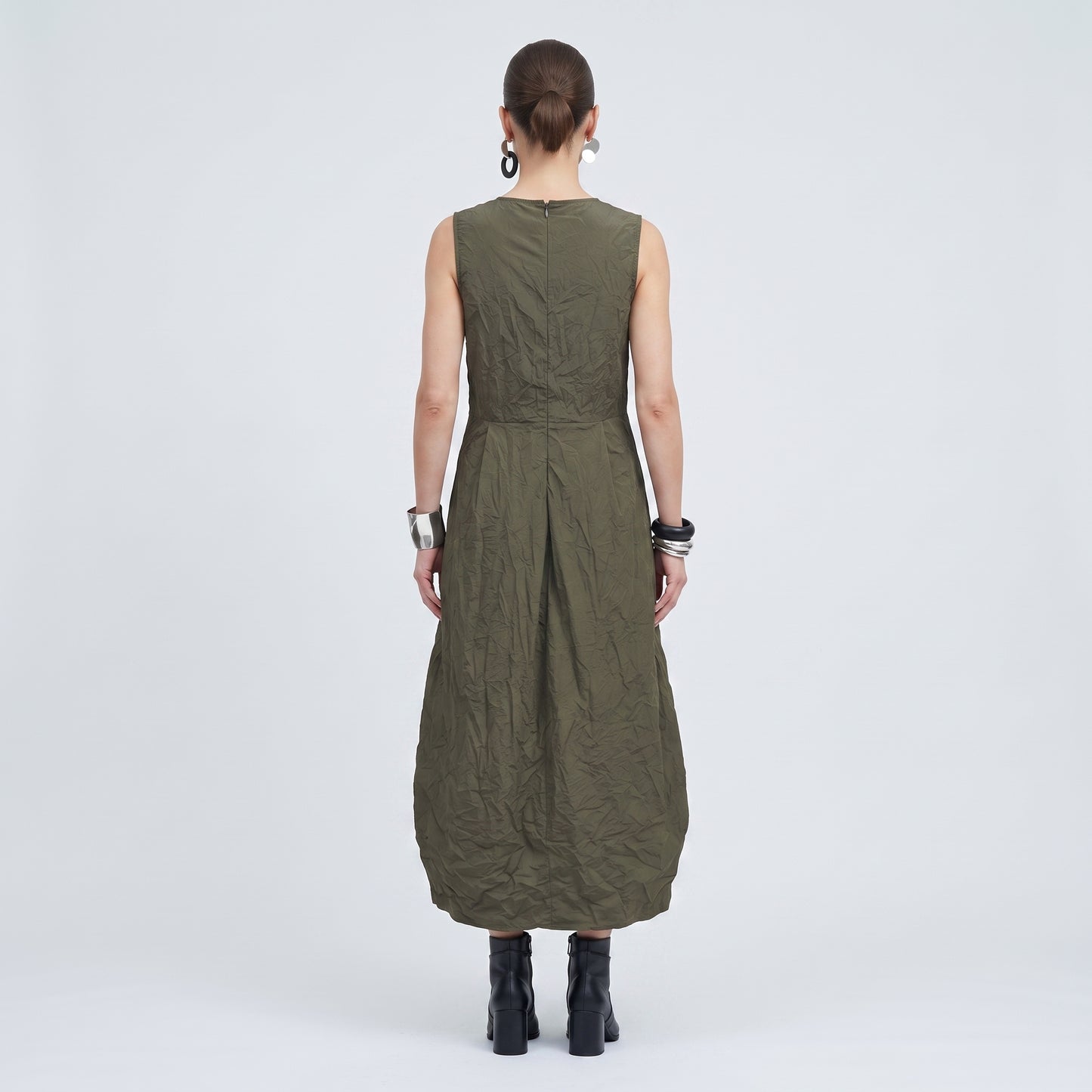 Pleated Olive Midi Dress