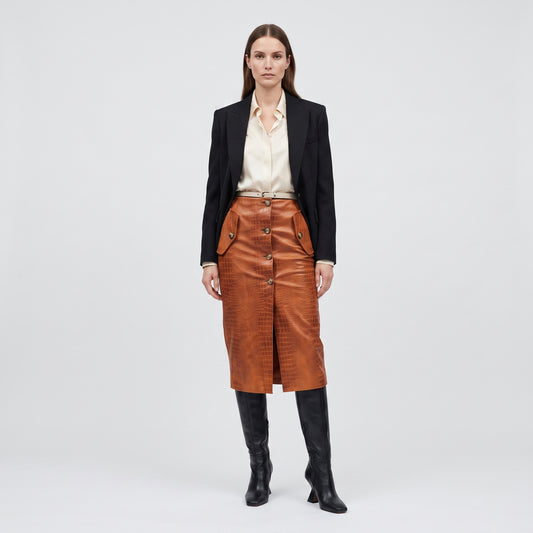Croc-Embossed Leather Button Skirt