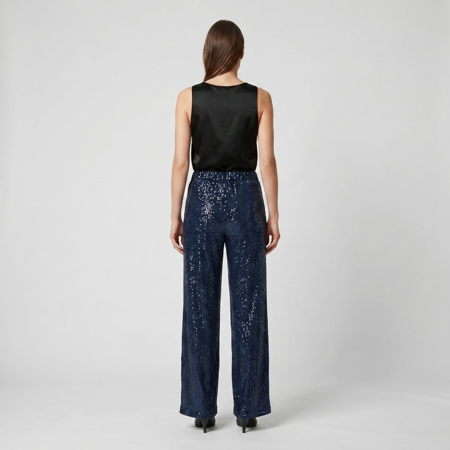 Navy Sequined Wide Leg Trousers