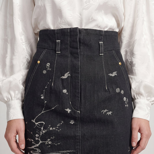 Embroidered Botanical Denim Pencil Skirt