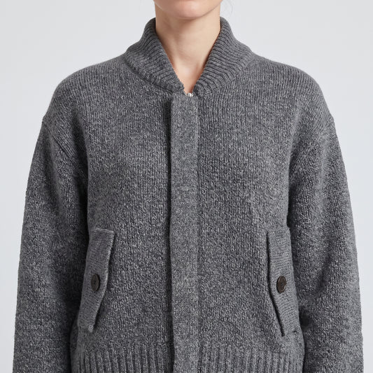 Grey Ribbed Knit Bomber Jacket