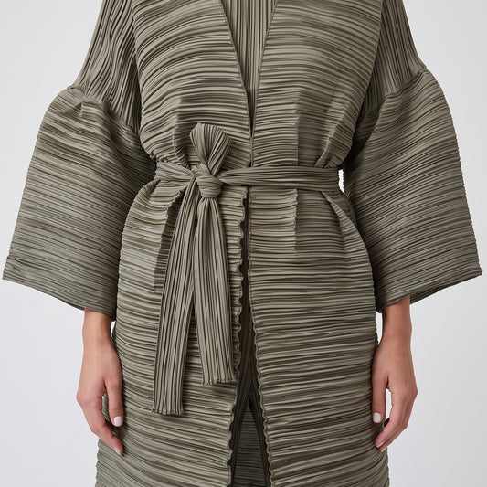Pleated Olive Tie-Waist Cardigan
