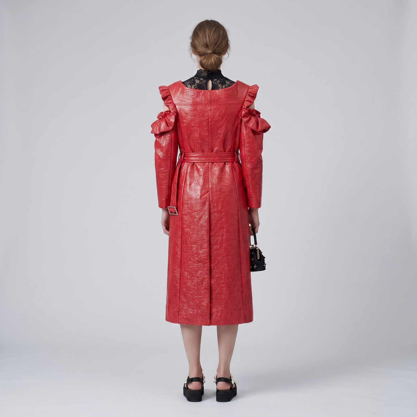 Red Ruffled Shoulder Trench Coat