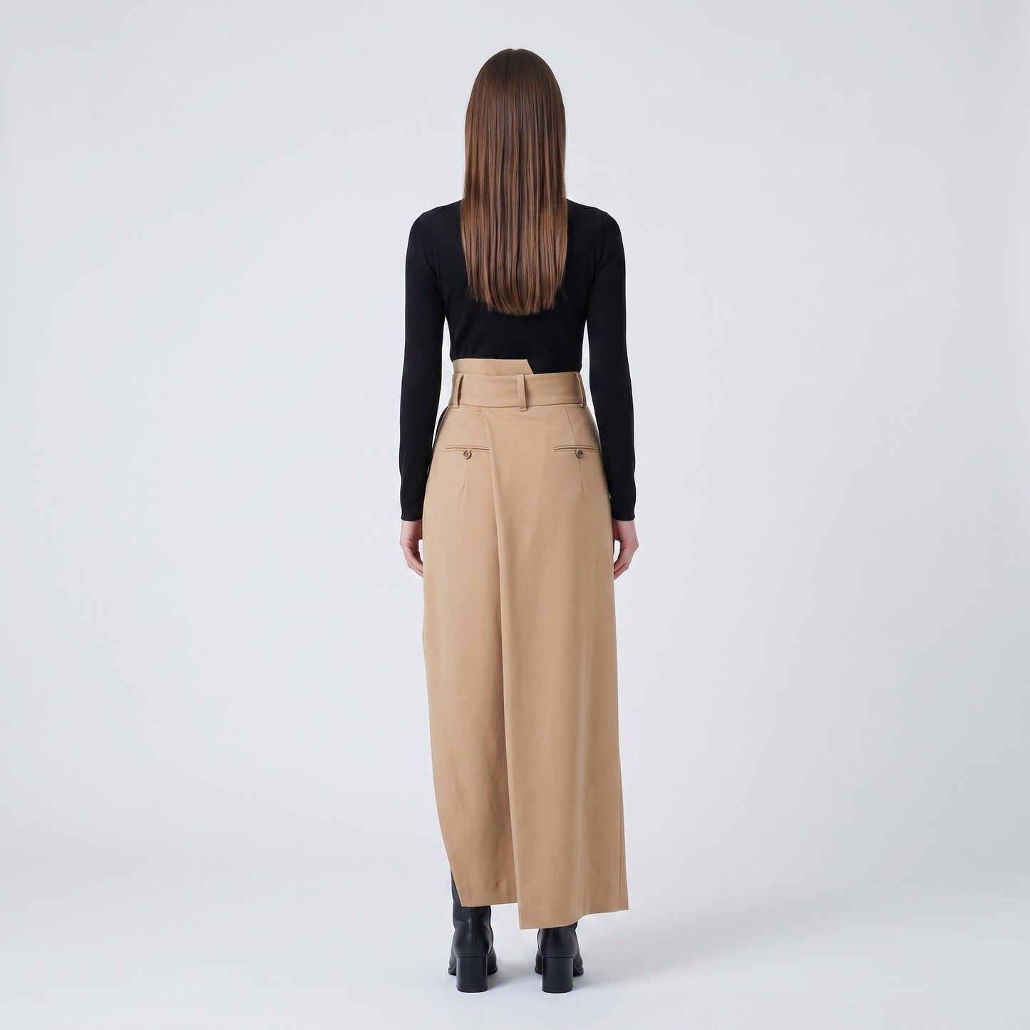 Asymmetric Tailored Beige Midi Skirt