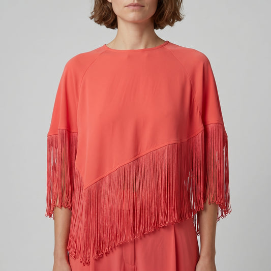 Asymmetric Fringe Coral Blouse