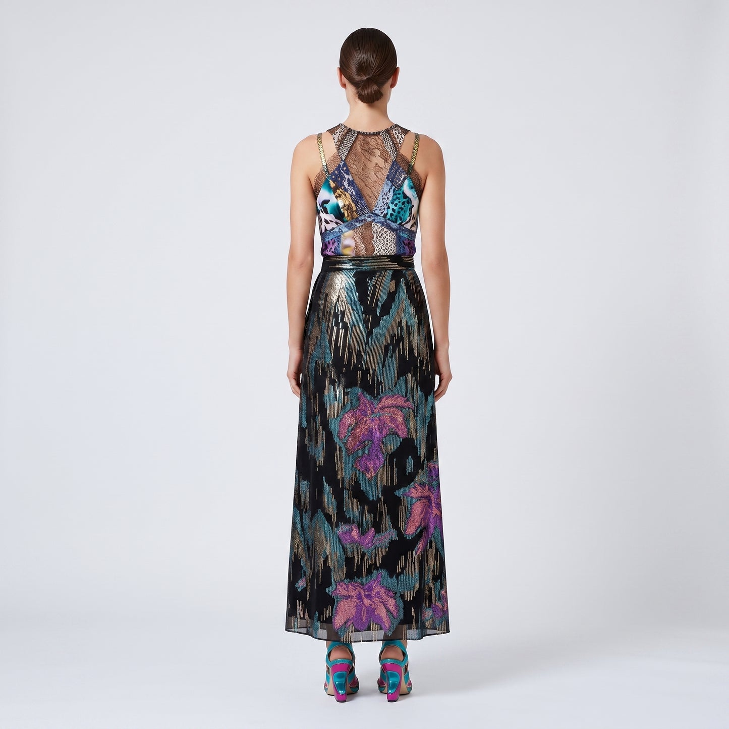 Metallic Floral Ruffle Maxi Skirt