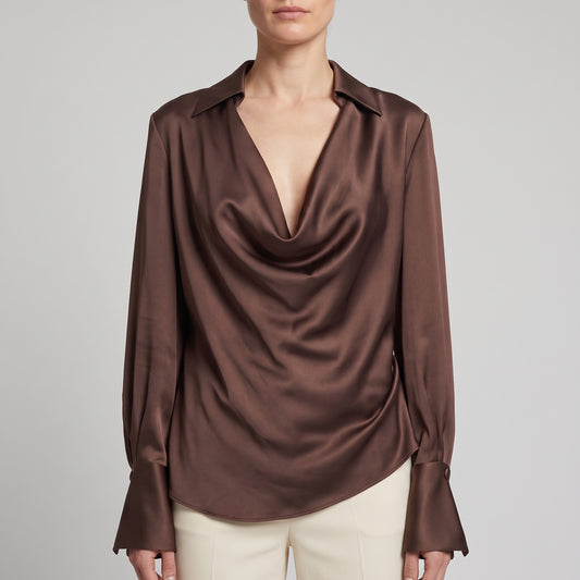 Satin Cowl Neck Long-Sleeve Blouse