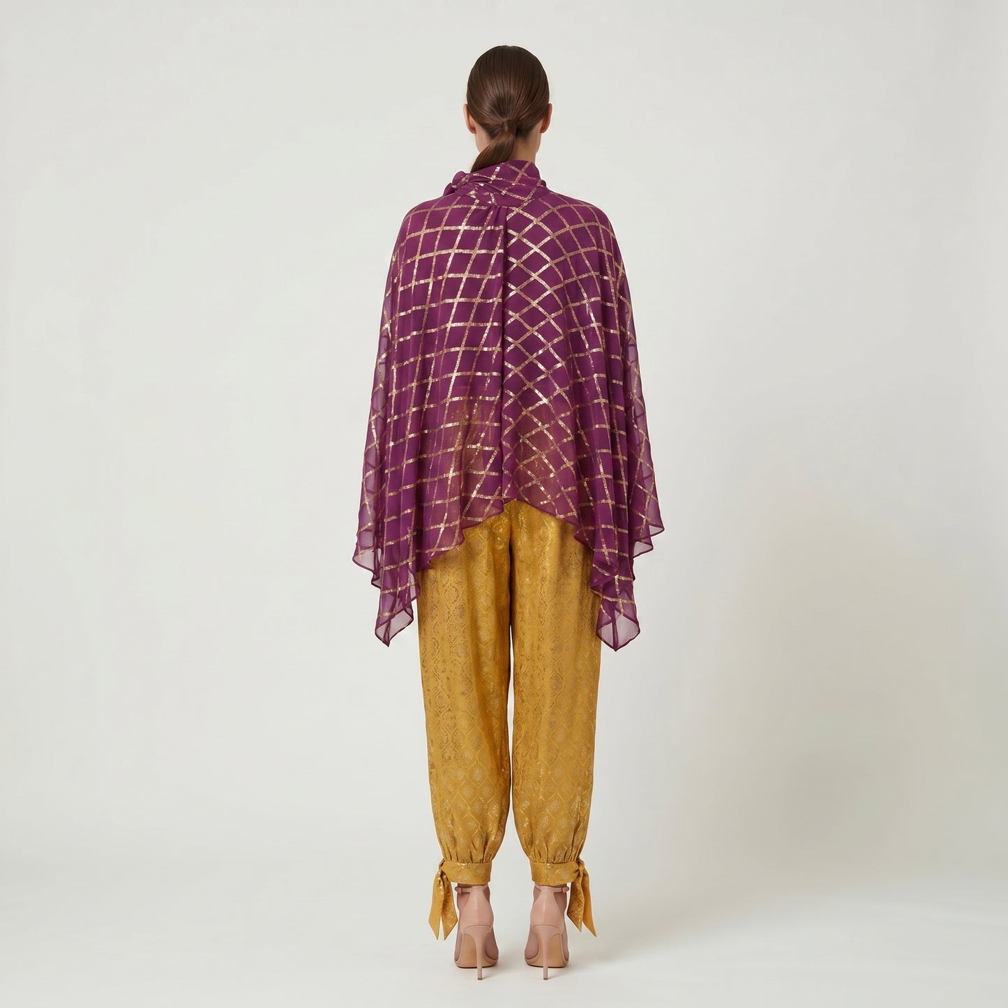 Metallic Grid Tie-Neck Cape