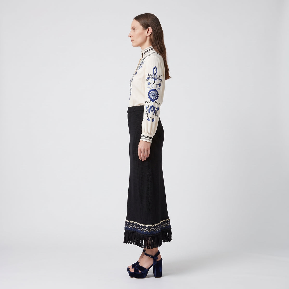 Embroidered Fringe Knit Midi Skirt