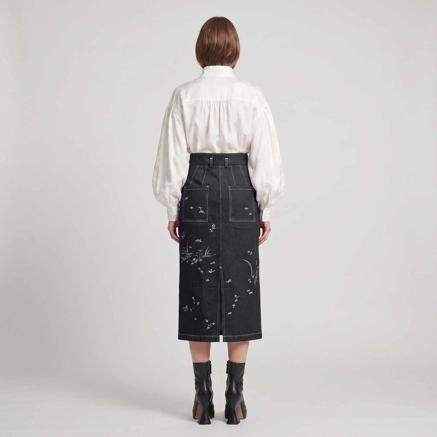 Embroidered Botanical Denim Pencil Skirt