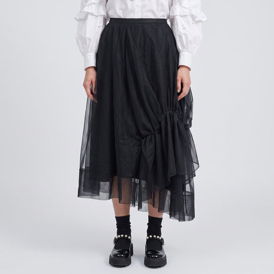 Asymmetric Ruched Tulle Midi Skirt