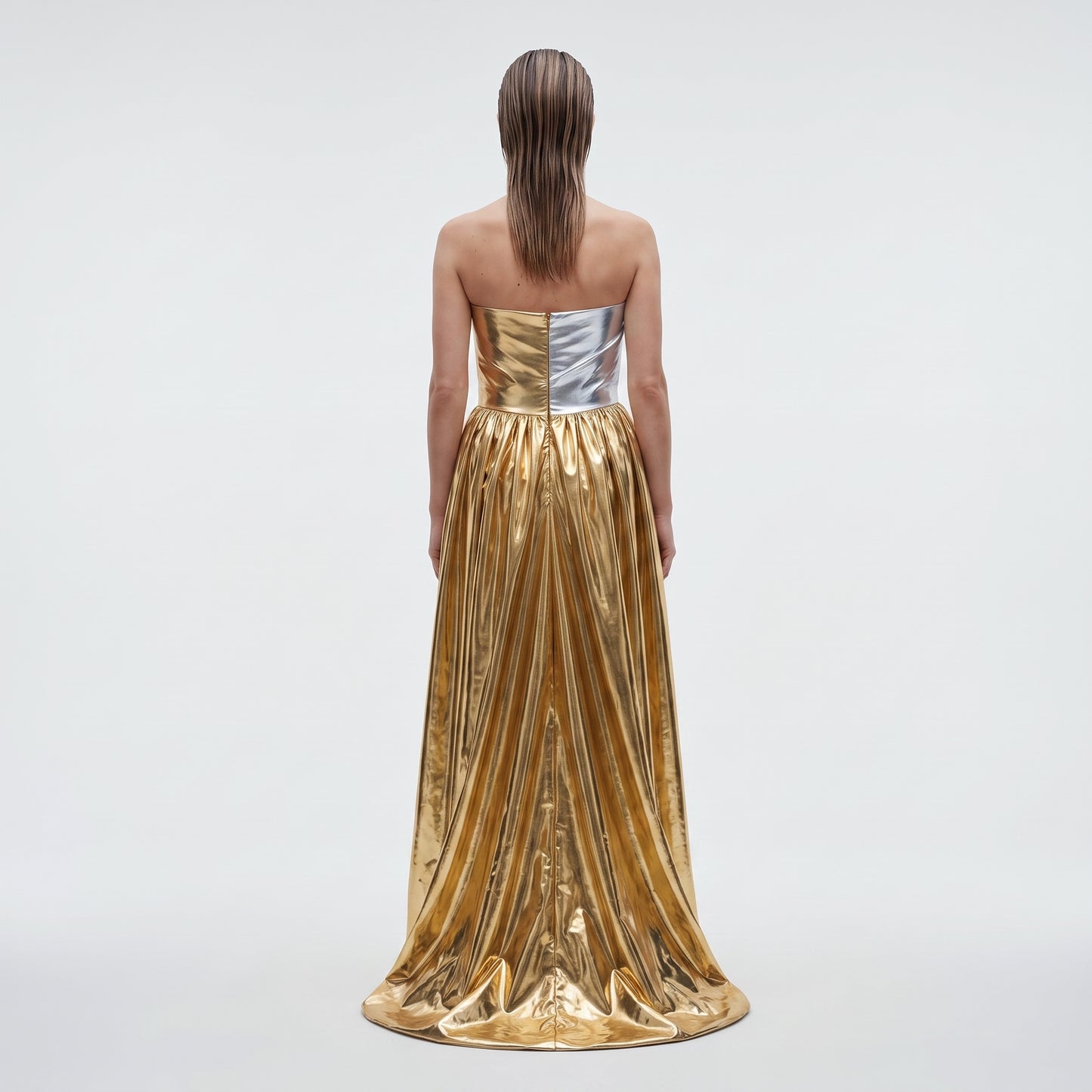 Metallic Gold Strapless Evening Gown