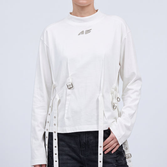 Buckled Detail Cotton Long-Sleeve Top