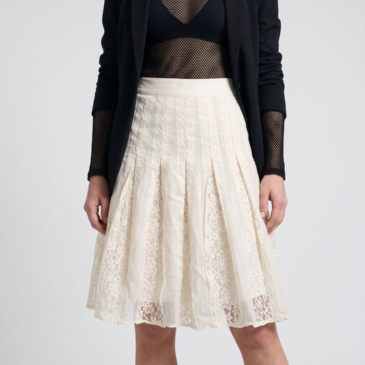 Pleated Lace Insert A-Line Skirt
