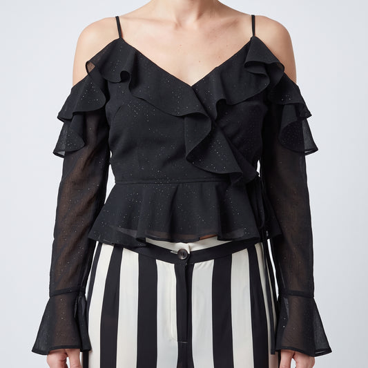 Shimmering Cold-Shoulder Ruffle Top