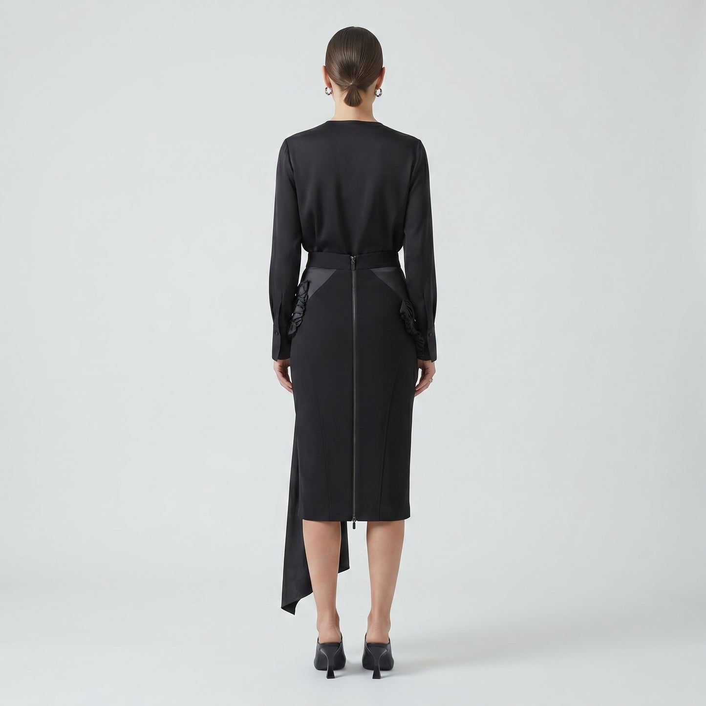Sculptural Draped Black Midi Skirt
