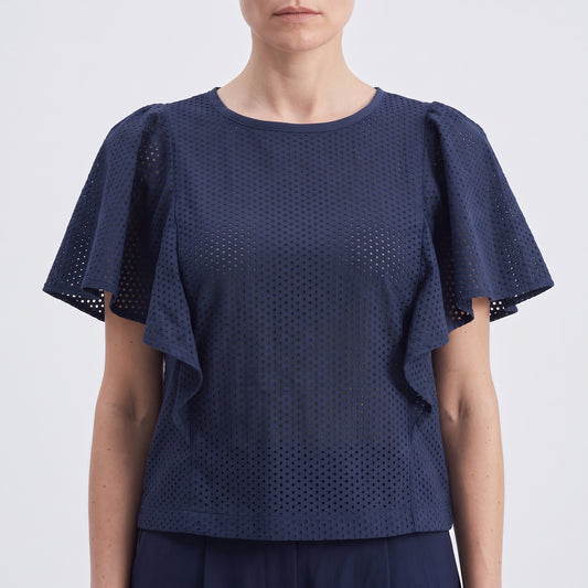 Navy Eyelet Ruffle Sleeve Top