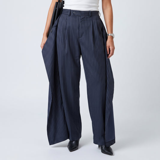 Pinstriped Tailored Wide-Leg Trousers