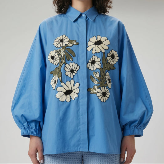 Embroidered Floral Oversized Blue Shirt
