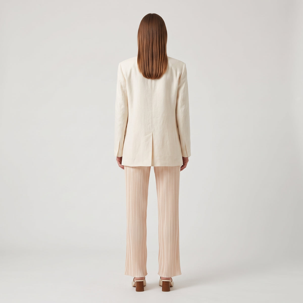 Pleated Wide-Leg Beige Trousers