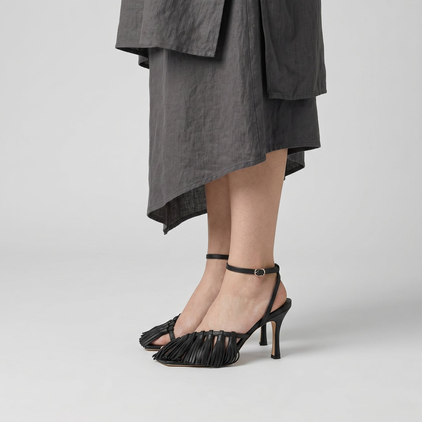 Fringed Leather Ankle Strap Heels